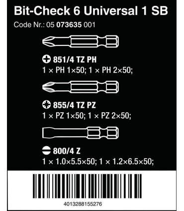 Wera Bit-Check 6 SB Universal 1 PZ/PH/SL Bits Seti 50mm 05073635001