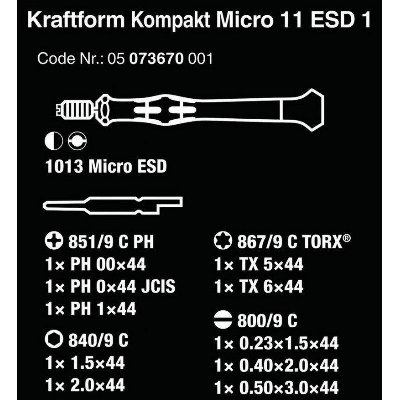 Wera 11 ESD Yarımay Hios Mikro Tornavida Bits Seti 05073670001