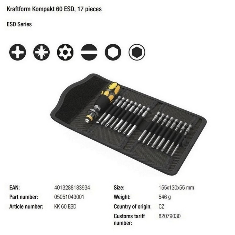 Wera 60 ESD Tornavida Bits Seti KF Kompakt 05051043001
