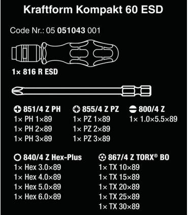 Wera 60 ESD Tornavida Bits Seti KF Kompakt 05051043001