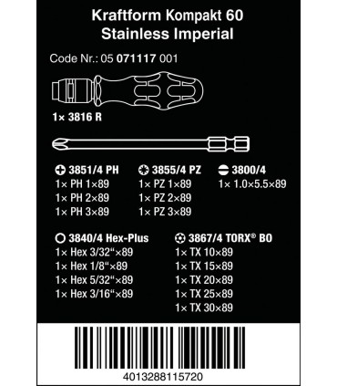 Wera 60 KF Kompakt Tornavida 89mm Bits Seti Imperial 05071117001