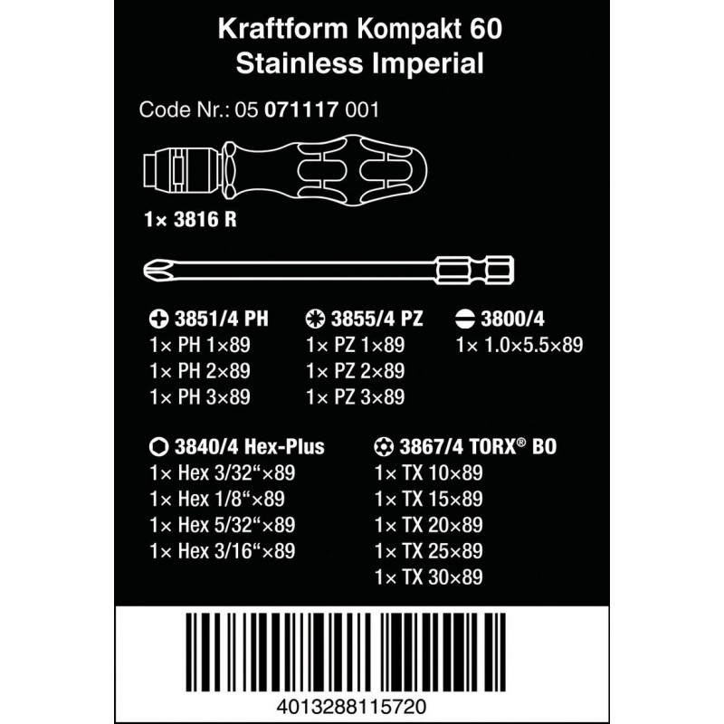 Wera 60 KF Kompakt Tornavida 89mm Bits Seti Imperial 05071117001
