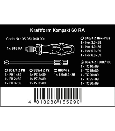 Wera 60 RA Cırcırlı Tornavida 89mm Bits Seti 17P 05051040001