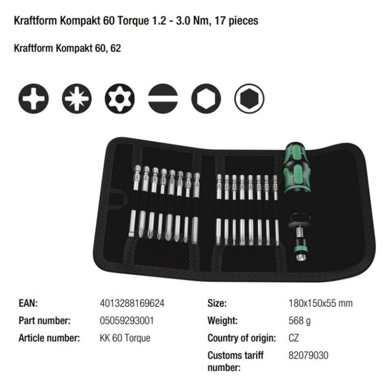 Wera KF Kompakt 60 Torklu Tornavida 1.2-3Nm Bits Seti 05059293001
