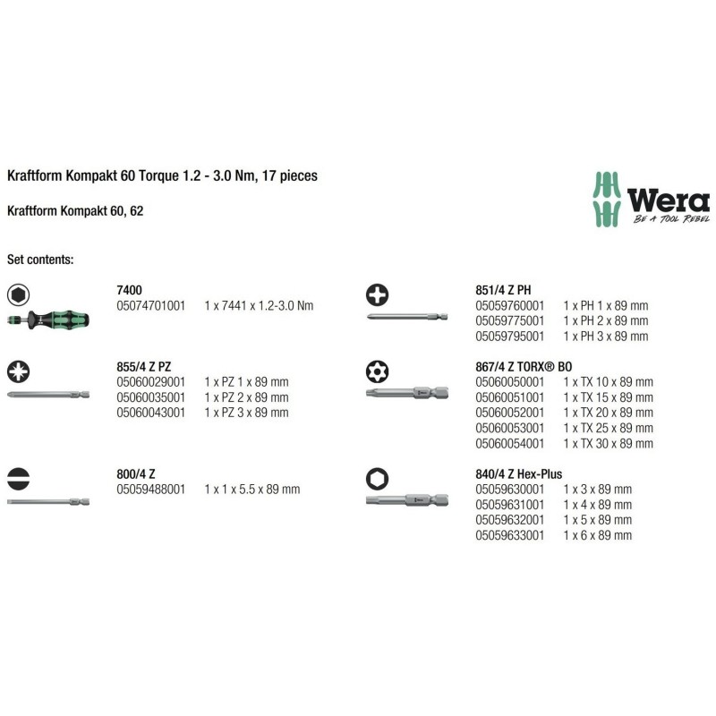 Wera KF Kompakt 60 Torklu Tornavida 1.2-3Nm Bits Seti 05059293001
