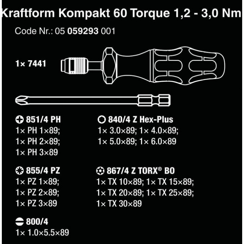 Wera KF Kompakt 60 Torklu Tornavida 1.2-3Nm Bits Seti 05059293001