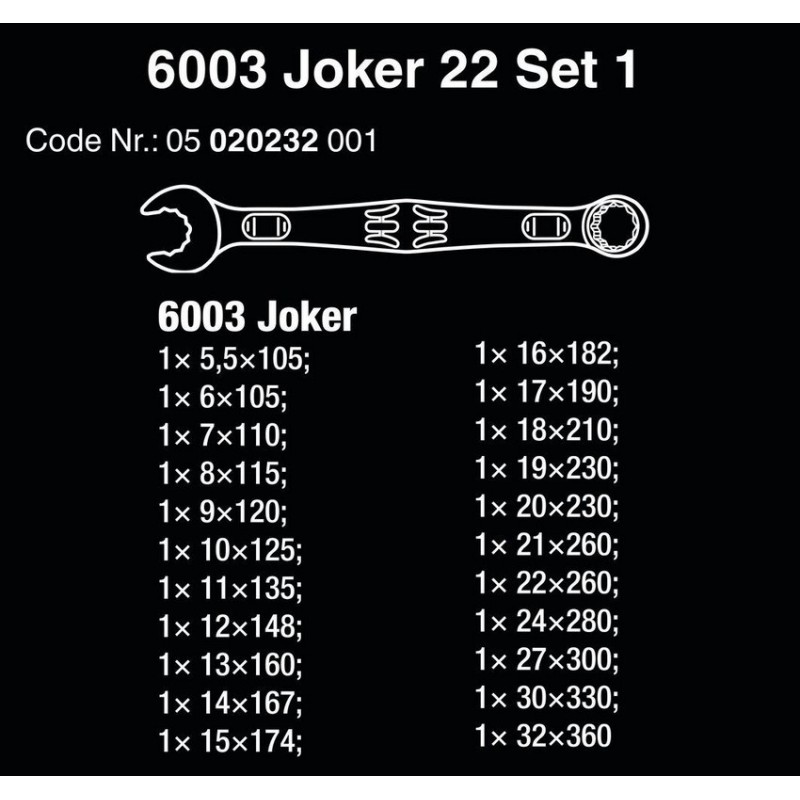 Wera 6003 Joker Yıldız Açık Ağız Kombine Anahtar Set 22P 05020232001