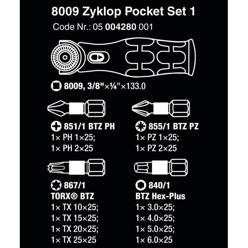 Wera 8009 Zyklop 3/8" Cırcır Bits Seti 05004280001