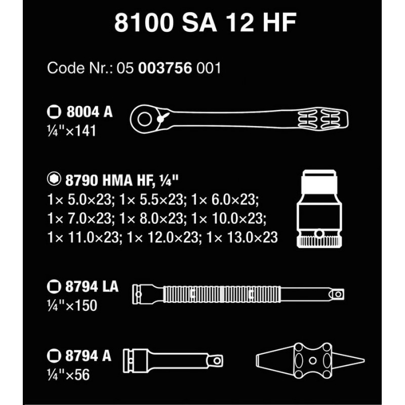 Wera 8100 SA12 HF Zyklop Metal Cırcır 1/4" Lokma Seti 05003756001