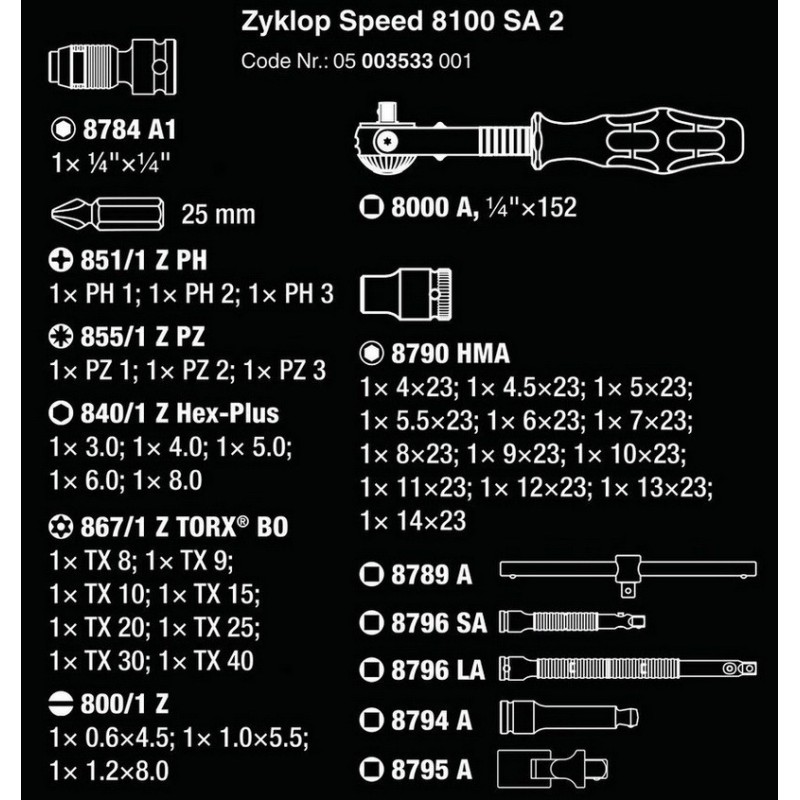 Wera 8100 SA2 Zyklop Cırcır 1/4" Lokma Bits Seti 05003533001