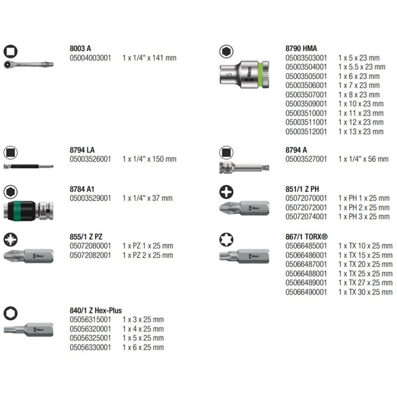 Wera 8100 SA7 Zyklop Cırcır 1/4" Lokma Bits Seti 05004017001