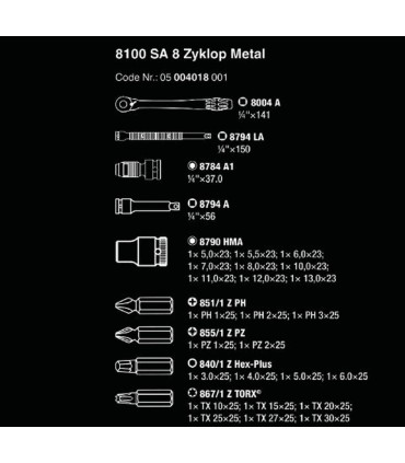 Wera 8100 SA8 Zyklop Metal Cırcır 1/4" Lokma Bits Seti 05004018001