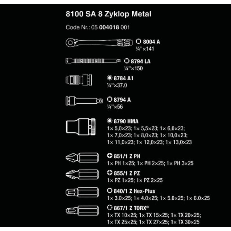 Wera 8100 SA8 Zyklop Metal Cırcır 1/4" Lokma Bits Seti 05004018001