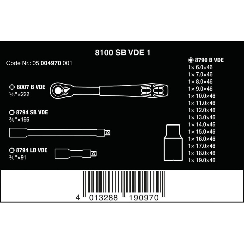 Wera 8100 SB VDE İzole Zyklop Cırcır 3/8" Lokma Seti 05004970001