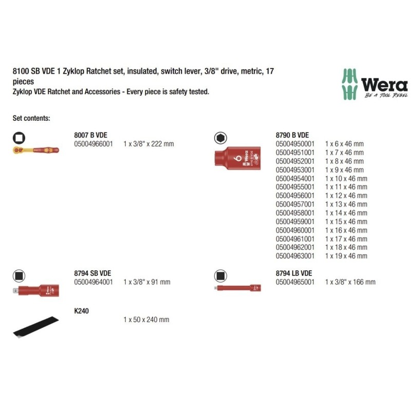 Wera 8100 SB VDE İzole Zyklop Cırcır 3/8" Lokma Seti 05004970001