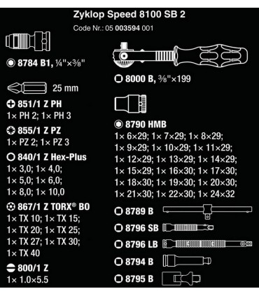 Wera 8100 SB2 Zyklop Speed Cırcır 3/8" Lokma Bits Seti 05003594001