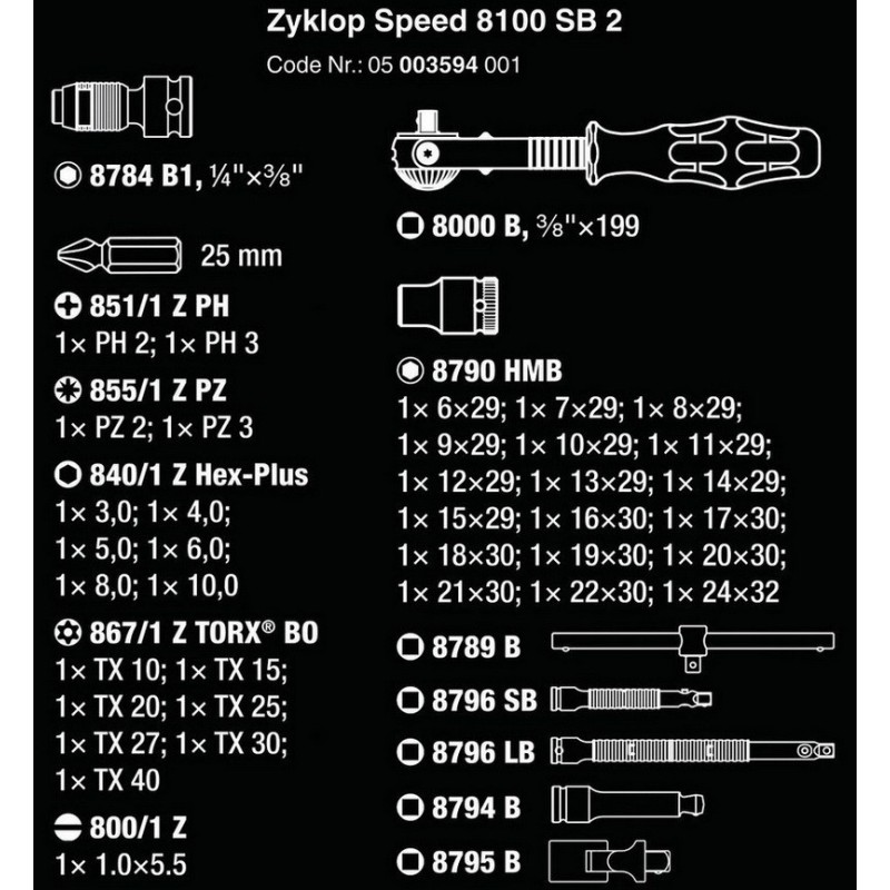 Wera 8100 SB2 Zyklop Speed Cırcır 3/8" Lokma Bits Seti 05003594001