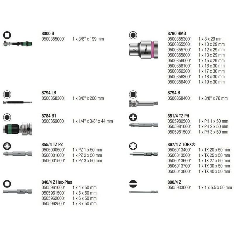Wera 8100 SB6 Zyklop Speed Cırcır 3/8" Lokma Bits Seti 05004046001