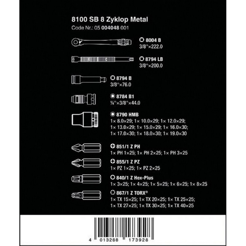 Wera 8100 SB8 Zyklop Cırcır 3/8" Lokma Bits Seti 05004048001
