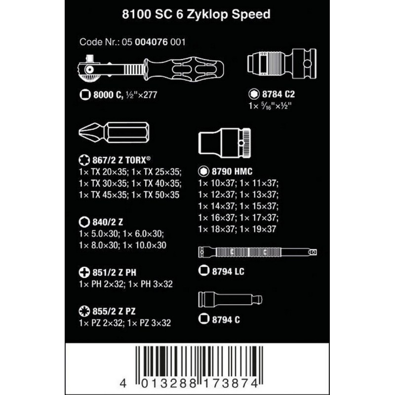 Wera 8100 SC6 Zyklop Speed Cırcır 1/2" Lokma Bits Seti 05004076001