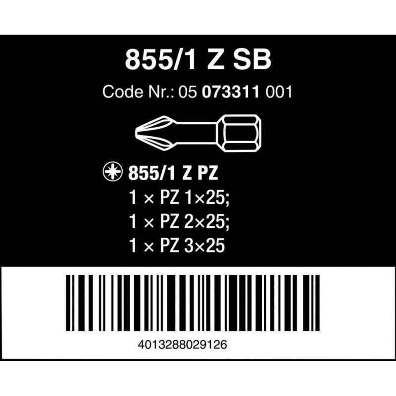 Wera 855/1 Z Pozidriv Bits 25mm PZ1-3 Set 05073311001