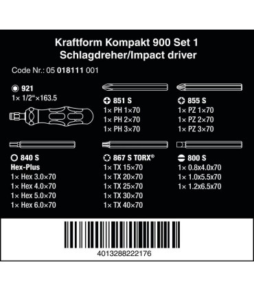 Wera 900 Darbeli Vida Sökücü Keski Tornavida Seti 05018110001