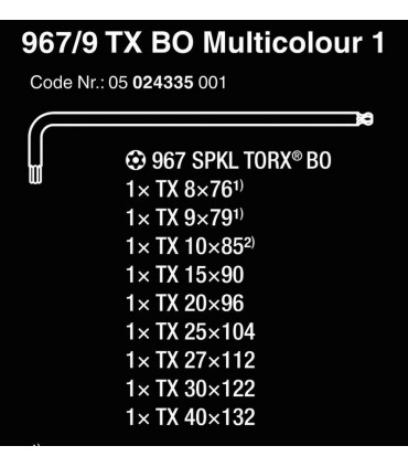 Wera 967/9 SPKL SB Delikli Torx BO Renkli Mıknatıslı Topbaş Allen Anahtar Seti Kısa 05073599001