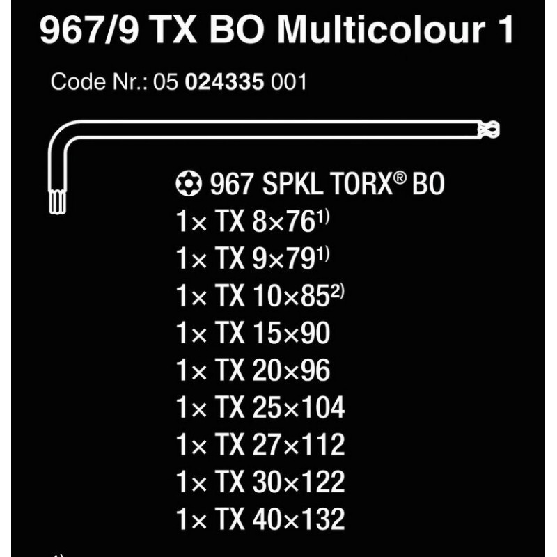 Wera 967/9 SPKL SB Delikli Torx BO Renkli Mıknatıslı Topbaş Allen Anahtar Seti Kısa 05073599001