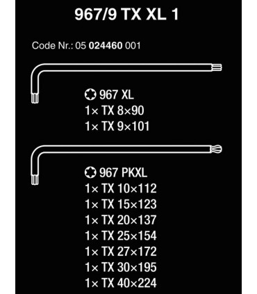 Wera 967/9 XL Allen Anahtar Topbaş Torx Uzun Set 05024460001