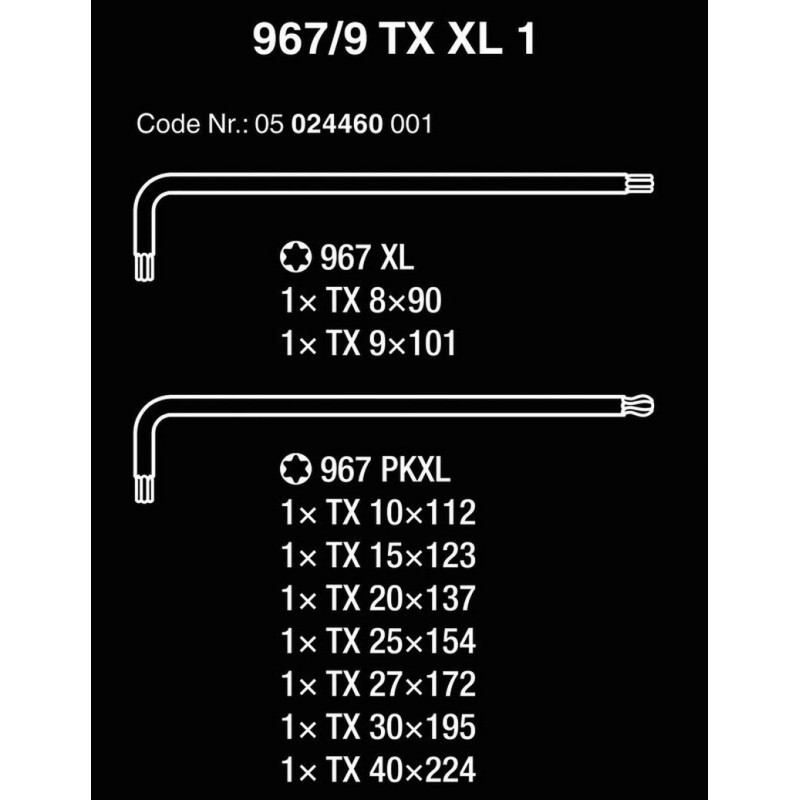 Wera 967/9 XL Allen Anahtar Topbaş Torx Uzun Set 05024460001