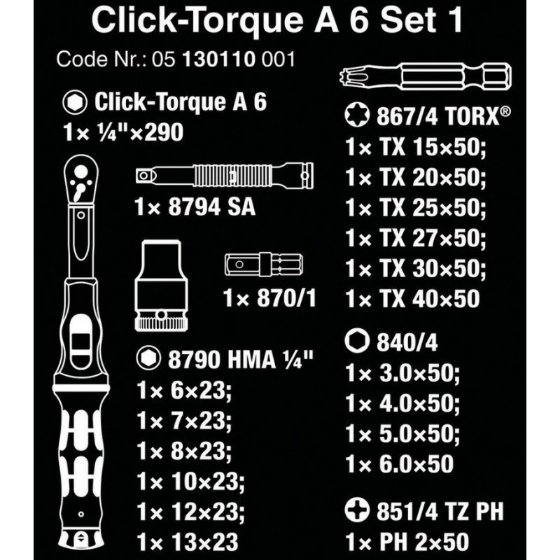 Wera Click-Torque A6 Torkmetre Seti 2,5-25Nm Cırcır 1/4" Bits 05130110001