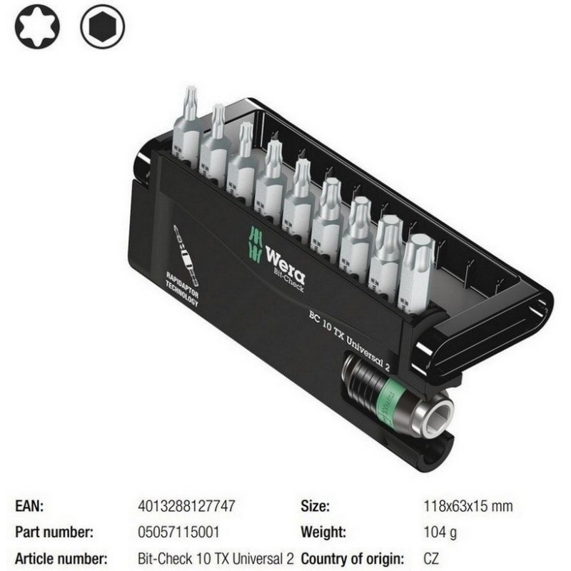 Wera Bit-Check 10 Torx Universal 2 Bits Seti 05057115001