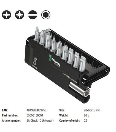 Wera Bit-Check 10 Universal 4 Bits Seti 05056159001