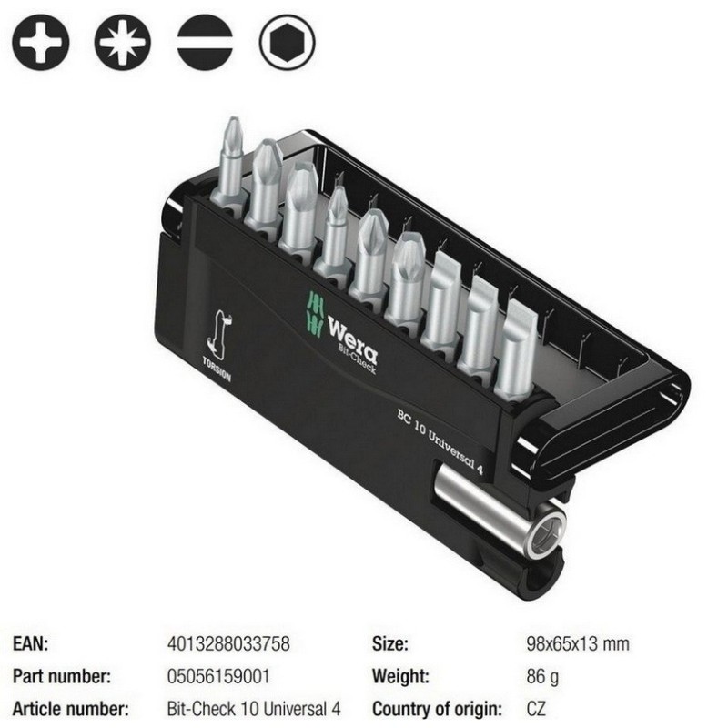Wera Bit-Check 10 Universal 4 Bits Seti 05056159001