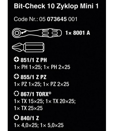 Wera Bit-Check 10 Zyklop Mini 1 Cırcır Bits Seti 05073645001