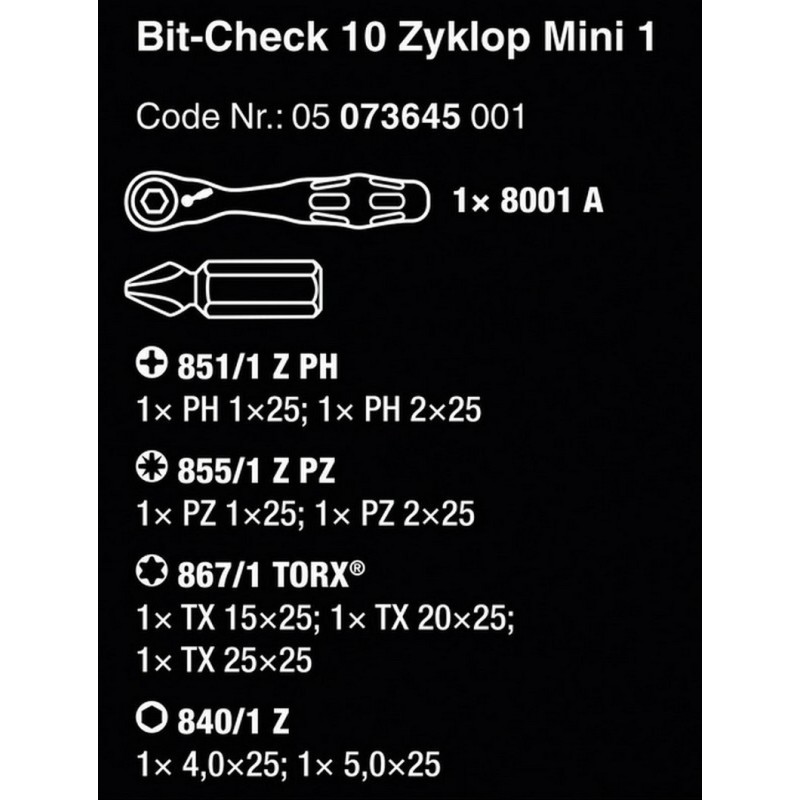Wera Bit-Check 10 Zyklop Mini 1 Cırcır Bits Seti 05073645001