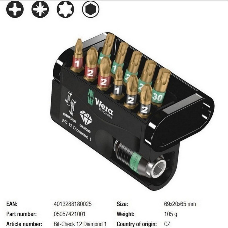 Wera Bit-Check 12 Diamond 1 Bitorsion Bits Seti 05057421001