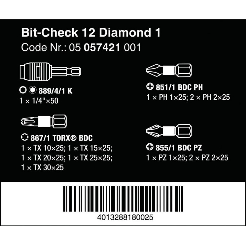 Wera Bit-Check 12 Diamond 1 Bitorsion Bits Seti 05057421001