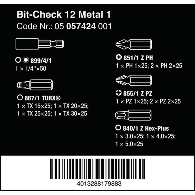 Wera Bit-Check 12 Metal 1 Bits Seti 05057424001