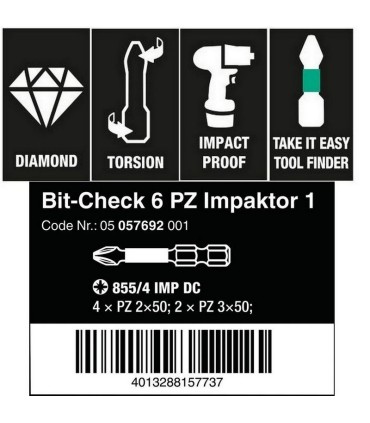Wera Bit-Check 6 Impaktor Pozidriv Bits Seti 1 05057692001