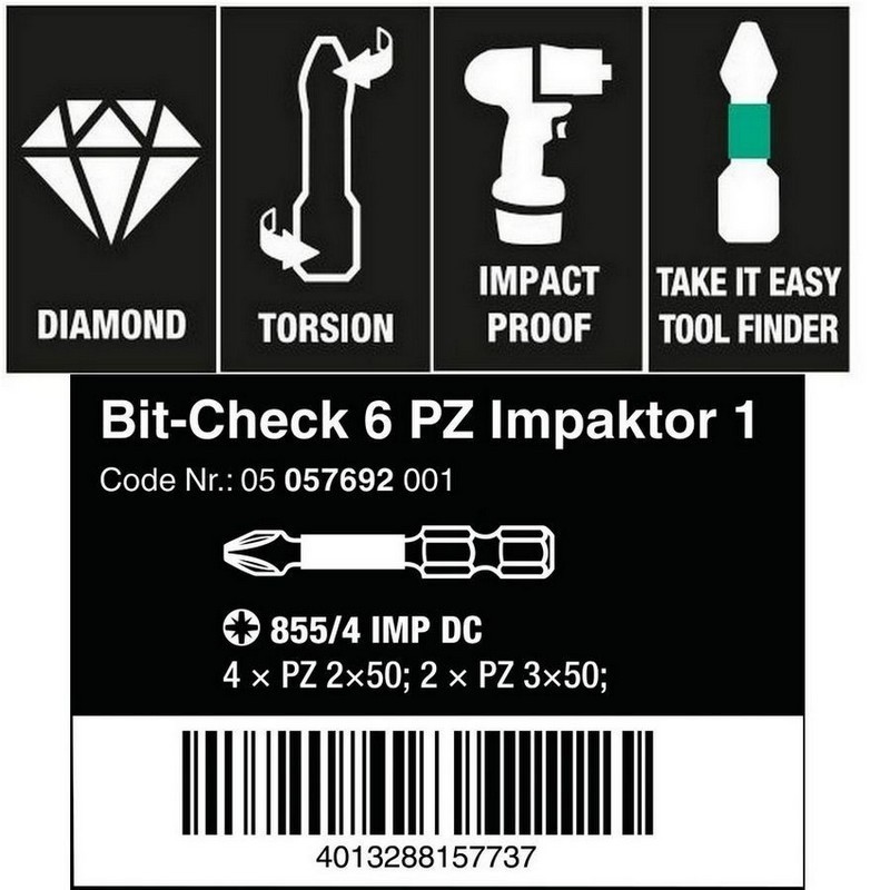 Wera Bit-Check 6 Impaktor Pozidriv Bits Seti 1 05057692001