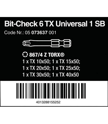Wera Bit-Check 6 Universal 1 SB Torx Bits Seti 50mm 05073637001