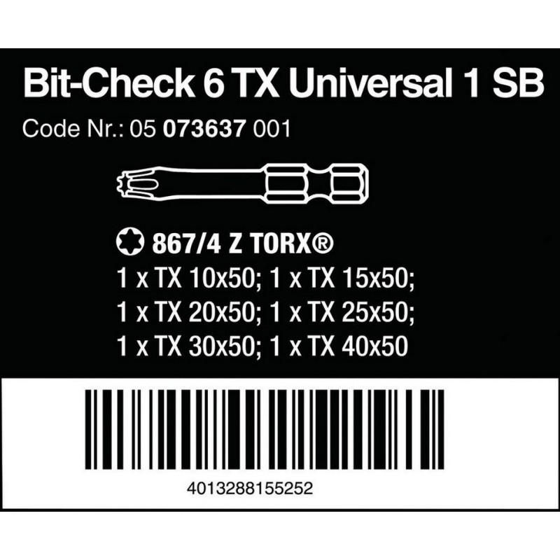 Wera Bit-Check 6 Universal 1 SB Torx Bits Seti 50mm 05073637001