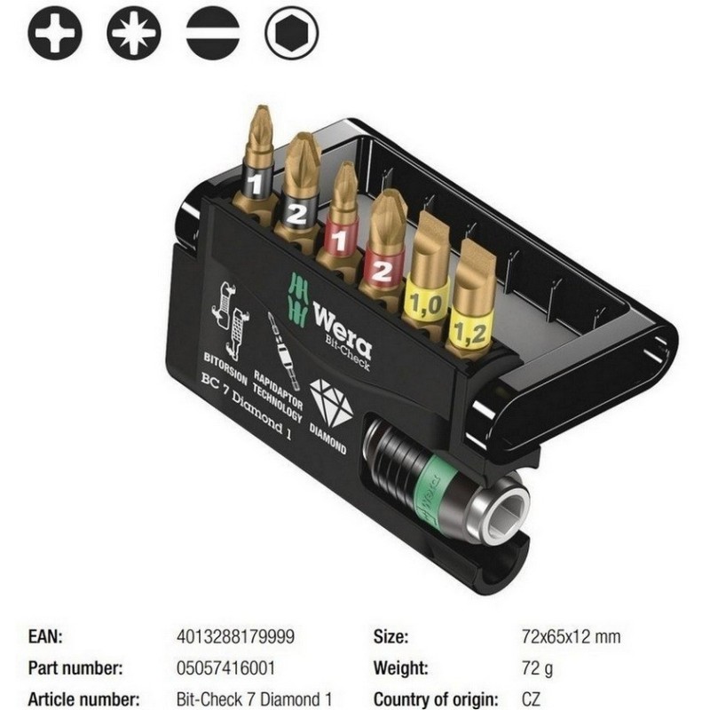 Wera Bit-Check 7 Diamond 1 Bitorsion Bits Seti 05057416001