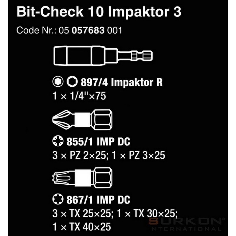 Wera Bit-Check 10 Impaktor Torx Pozidriv Bits Seti 3 05057683001