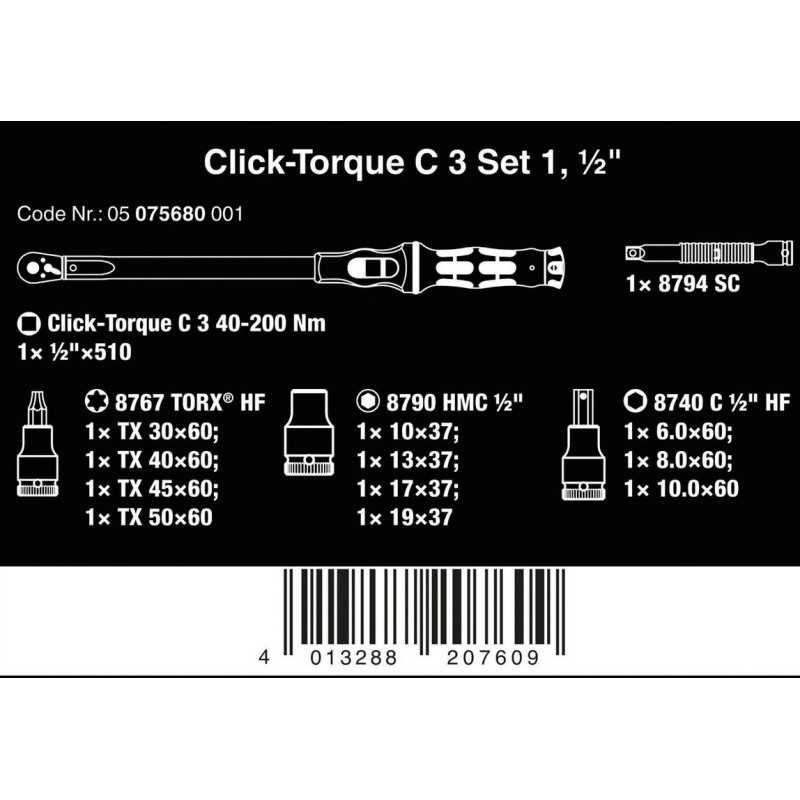 Wera Click-Torque C3 Torkmetre Seti 1 40-200Nm Cırcır 1/2" 05075680001