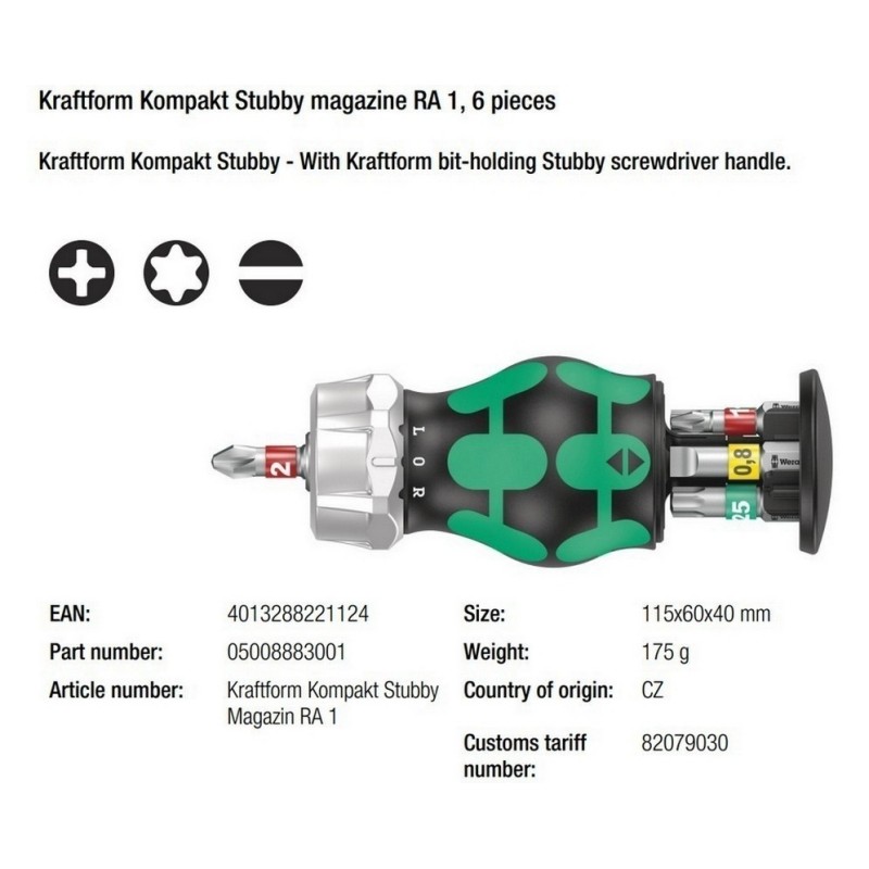 Wera KF Kompakt Stubby RA1 Tornavida Bits Seti 05008883001