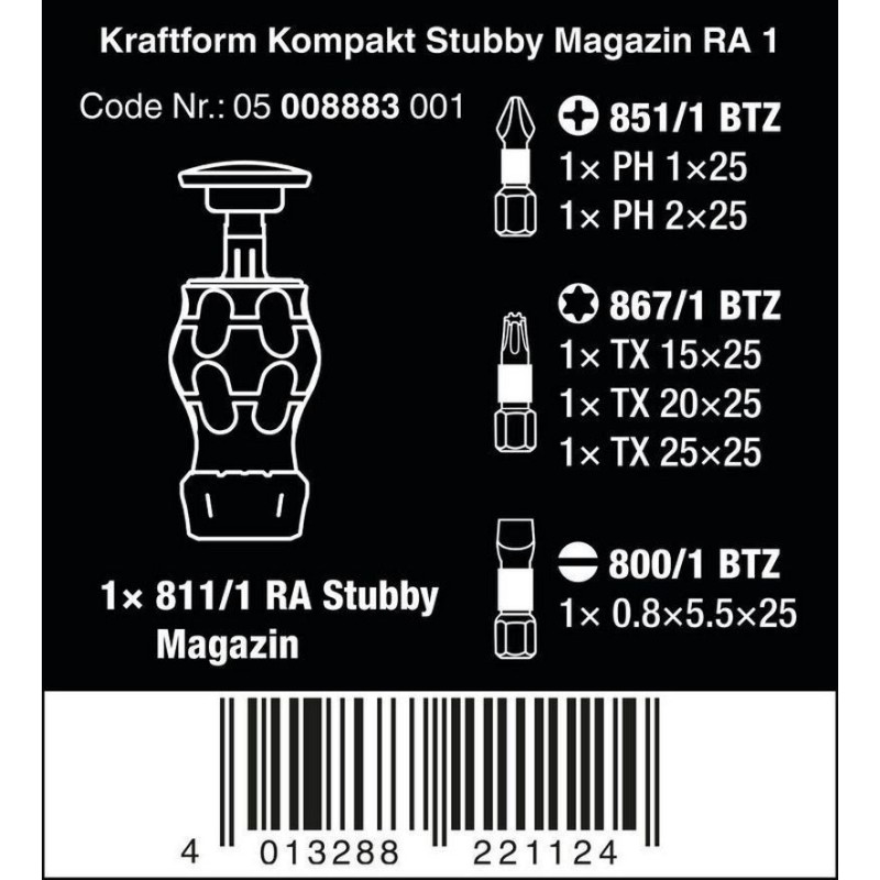 Wera KF Kompakt Stubby RA2 Tornavida Bits Seti 05008884001