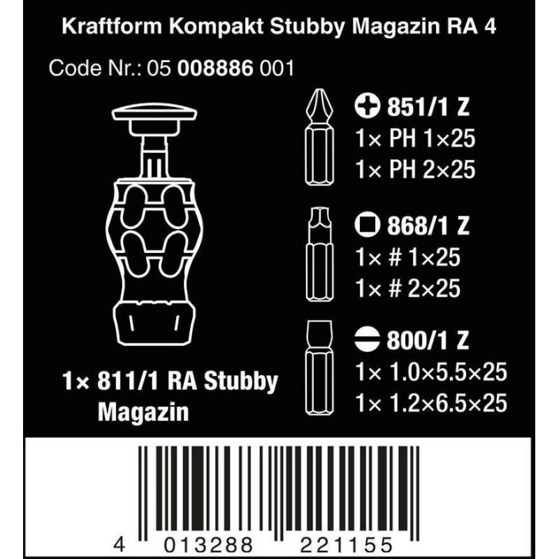 Wera KF Kompakt Stubby RA4 Tornavida Bits Seti 05008886001