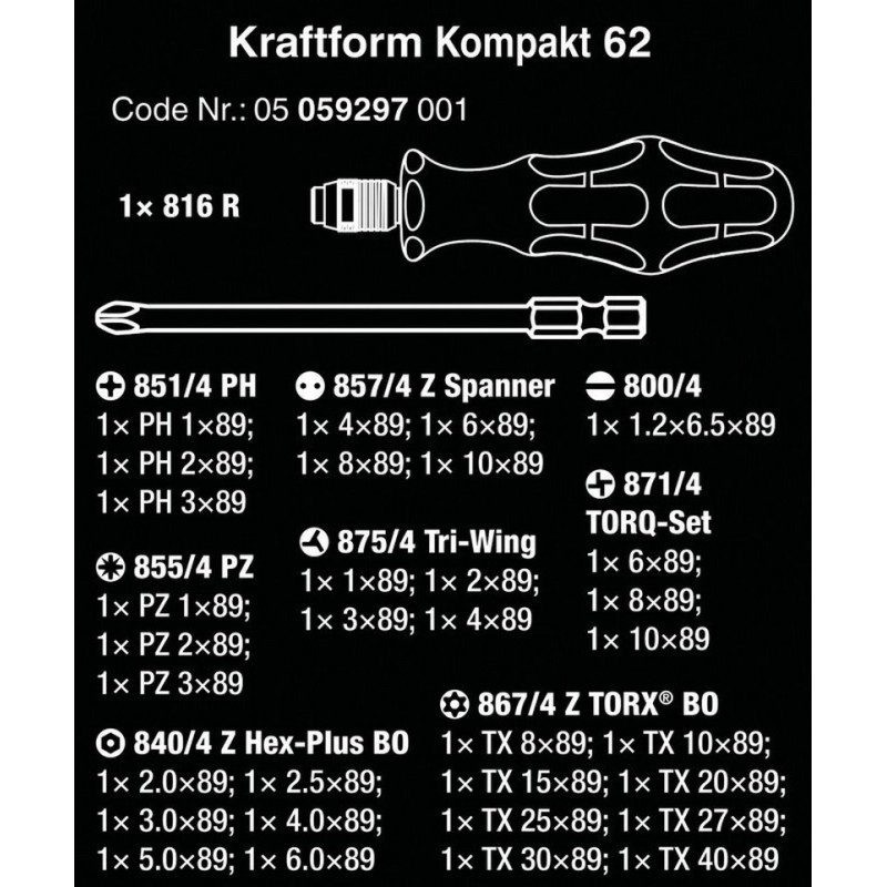 Wera Kraftform Kompakt 62 Tornavida Bits Seti 05059297001
